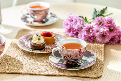 Peacock Lotus Garden Pink Fine Porcelain Cup and Saucer Set of 2