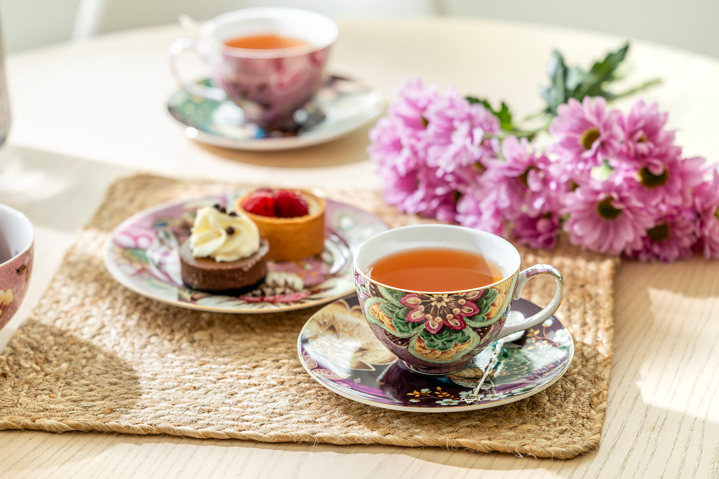 Peacock Lotus Garden Pink Fine Porcelain Cup and Saucer Set of 2