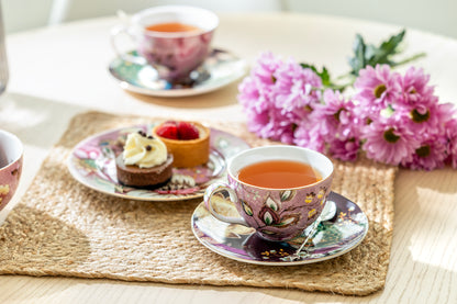 Peacock Lotus Garden Pink Fine Porcelain Cup and Saucer Set of 2