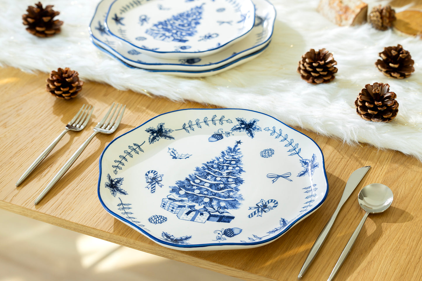 Blue Holly Christmas Tree Dinner Plate