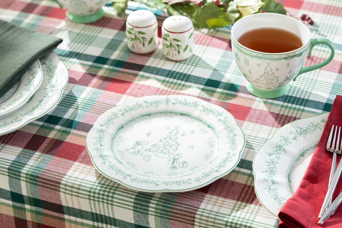 Festive Pup and Tree Fine Porcelain Dessert/Salad Plate