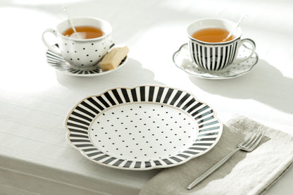 Black Josephine Stripes and Dots Scallop Fine Porcelain Dessert Plate