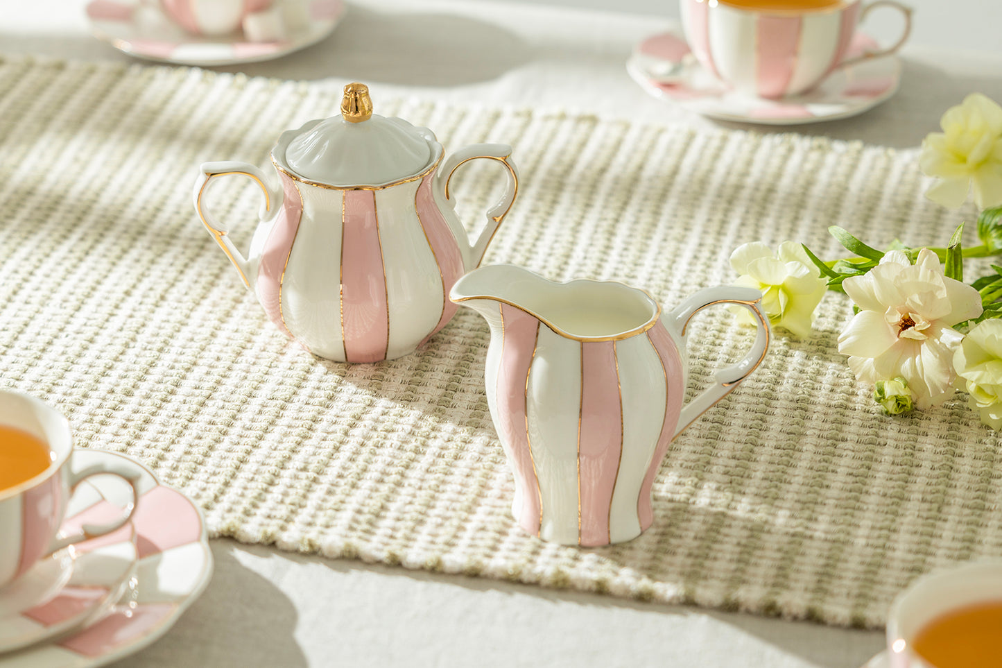 Pink and White Scallop Fine Porcelain Sugar & Creamer Set