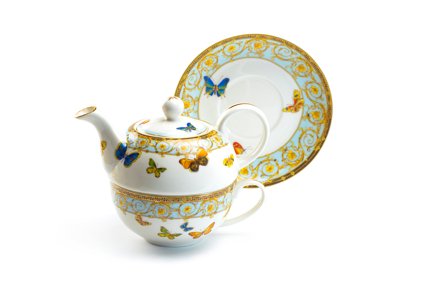 Butterflies with Blue Ornament Fine Porcelain Tea For One Set