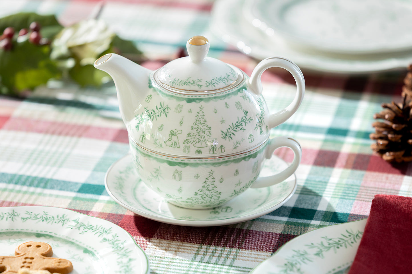 Festive Pup and Tree Fine Porcelain Tea For One Set