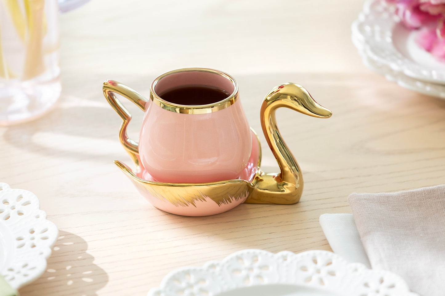 Golden Swan Pink Fine Porcelain Tea Cup and Saucer