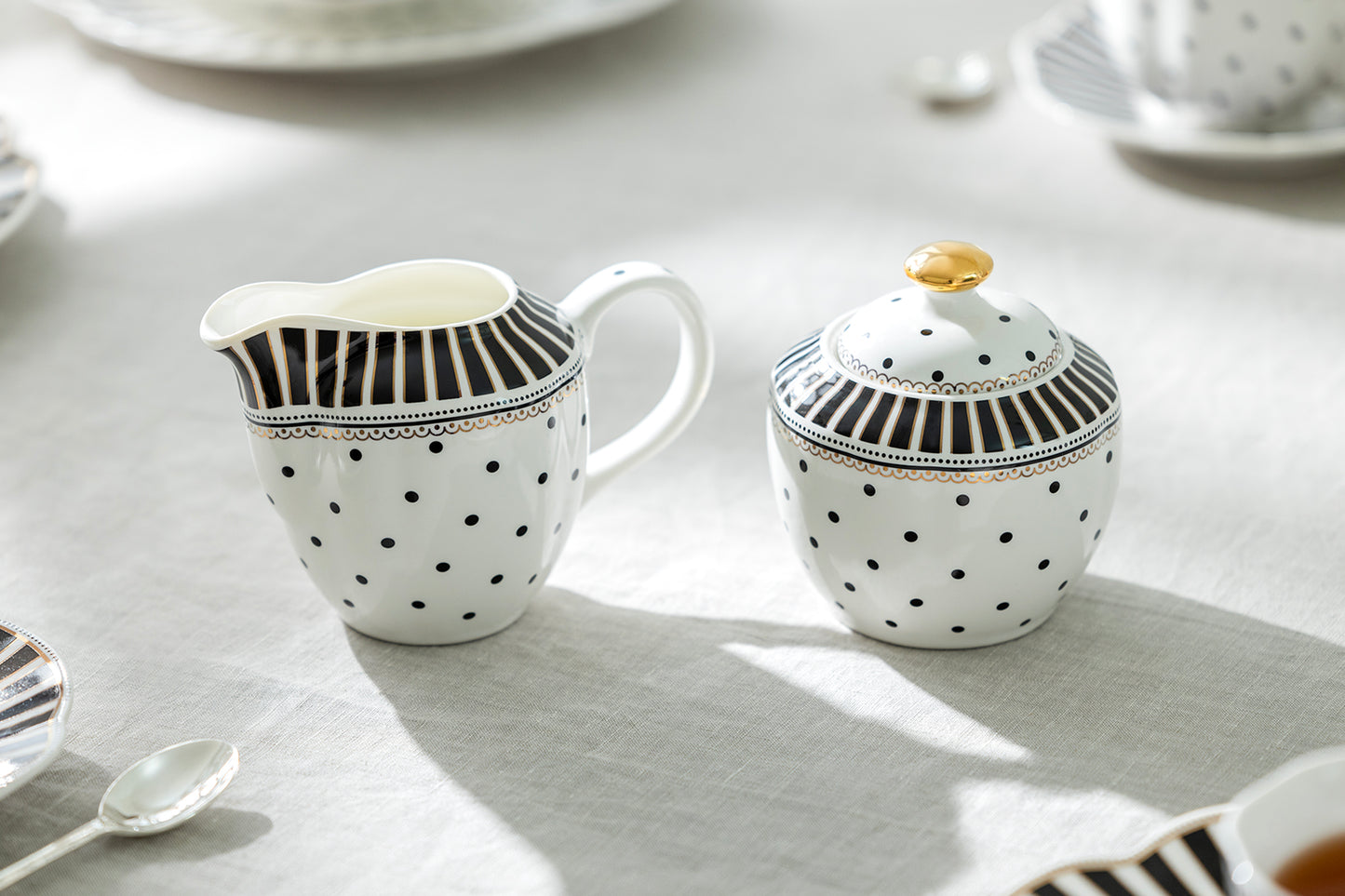 Black Josephine Stripes and Dots Fine Porcelain Sugar & Creamer Set