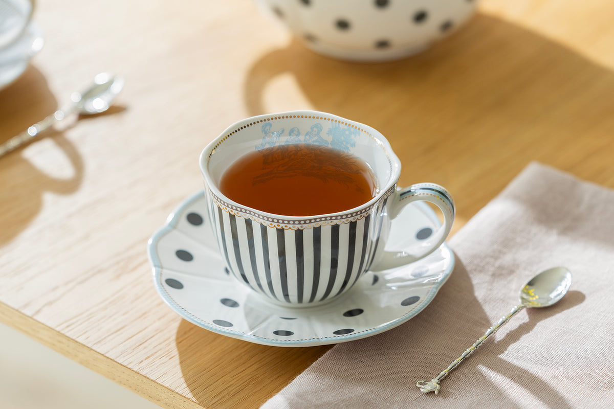 Dark Gray Stripes and Dots with Blue Toile Fine Porcelain Cup and Saucer Set of 2