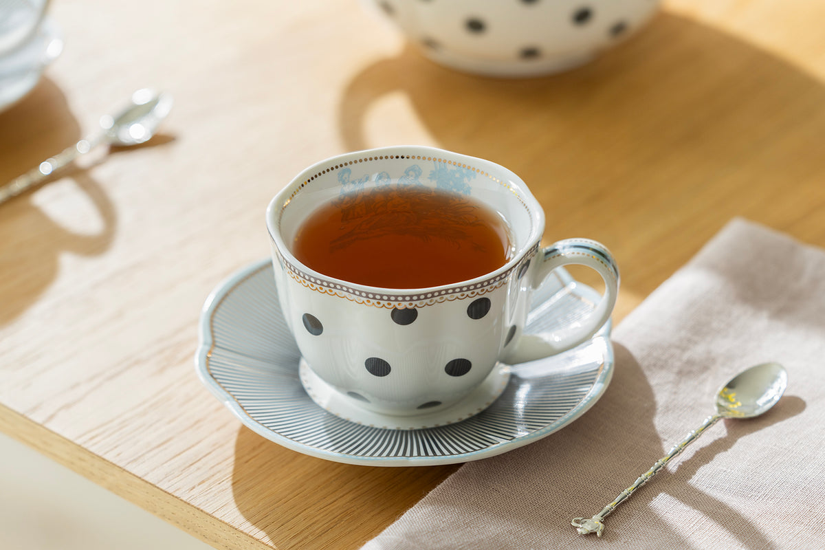 Dark Gray Stripes and Dots with Blue Toile Fine Porcelain Cup and Saucer Set of 2