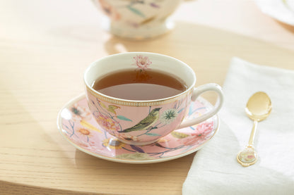 Spring Flowers with Bird Pink Fine Porcelain Latte Cup and Saucer
