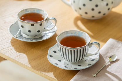 Dark Gray Stripes and Dots with Blue Toile Fine Porcelain Cup and Saucer Set of 2
