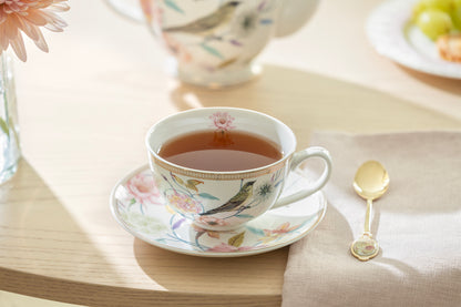 Spring Flowers with Bird Fine Porcelain Latte Cup and Saucer