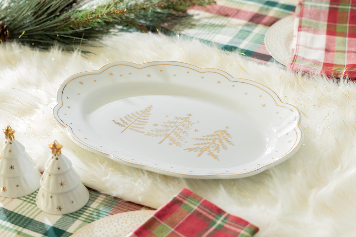 Holiday Gold Pine Fine Porcelain Oval Serving Platter