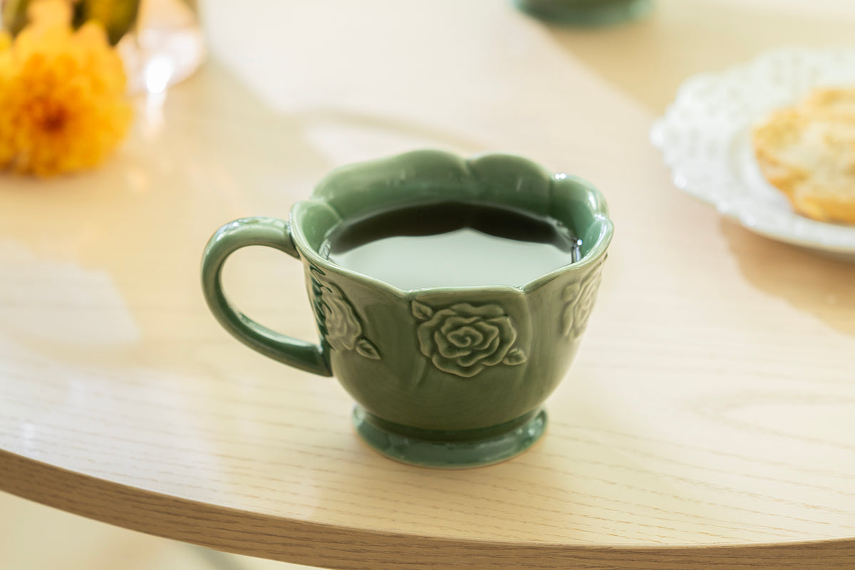 Green Embossed Rose Latte Mug