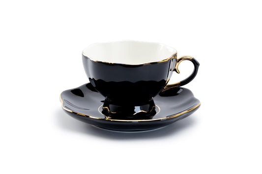 Black Gold Scallop Fine Porcelain Tea Cup and Saucer