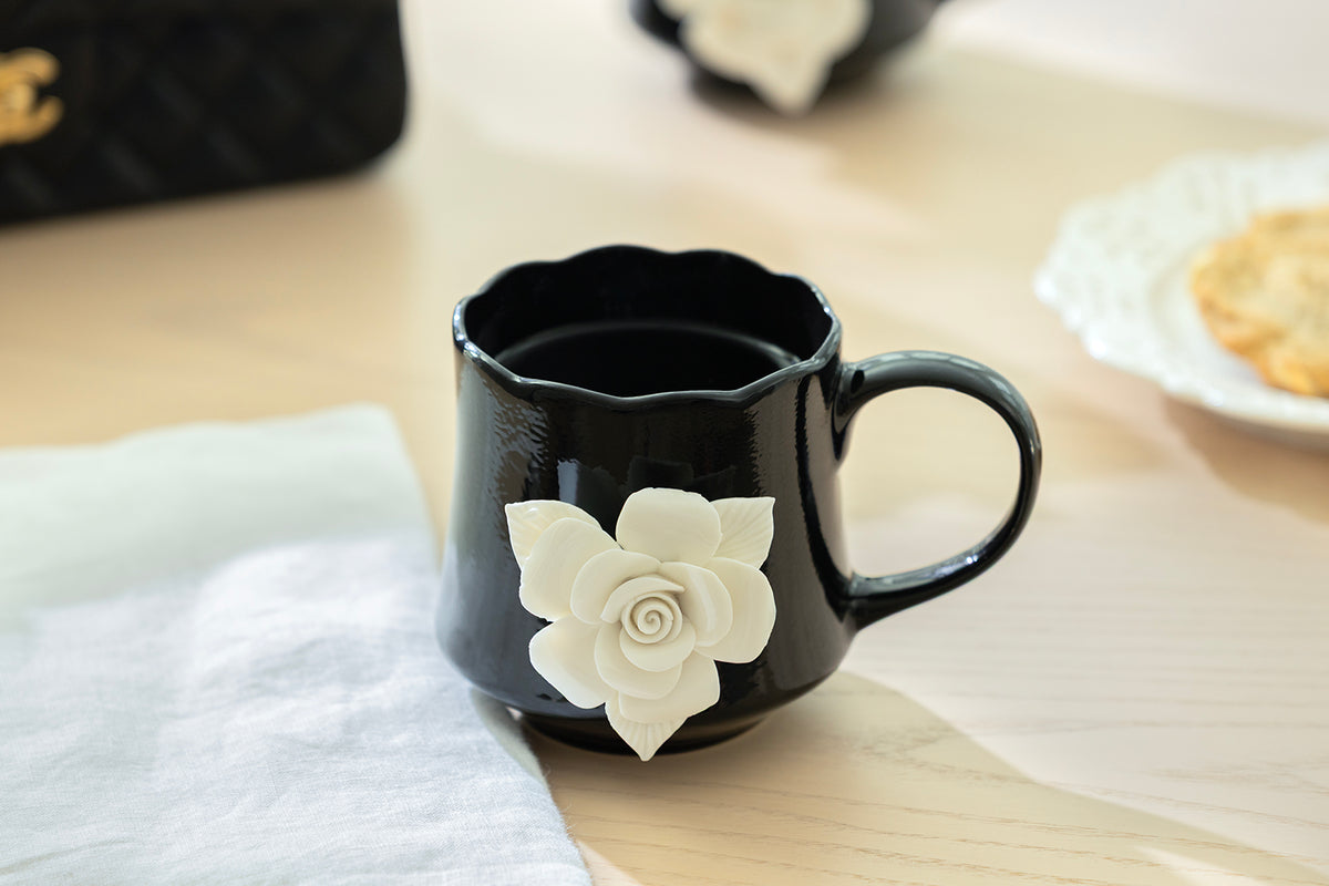 Black & White Sculpted Rose Fine Porcelain Mug Set of 2