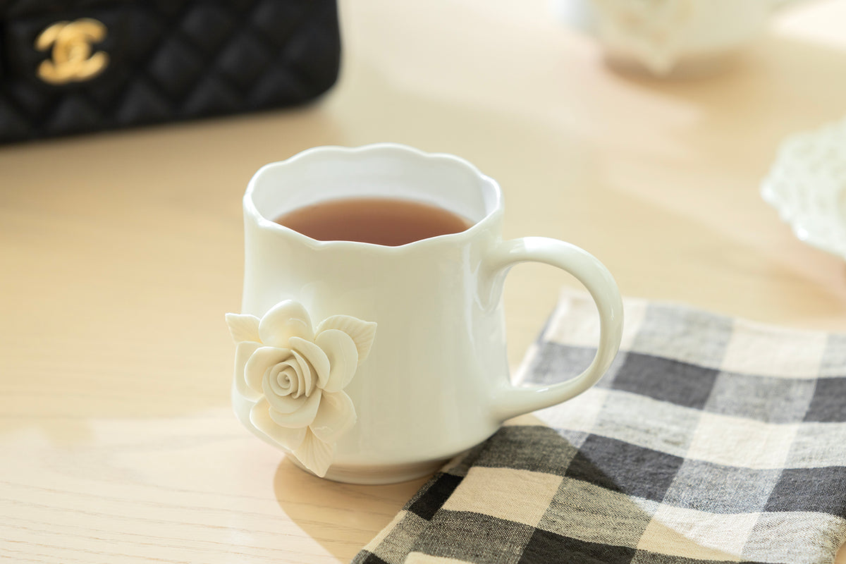 White Sculpted Rose Fine Porcelain Mug Set of 2