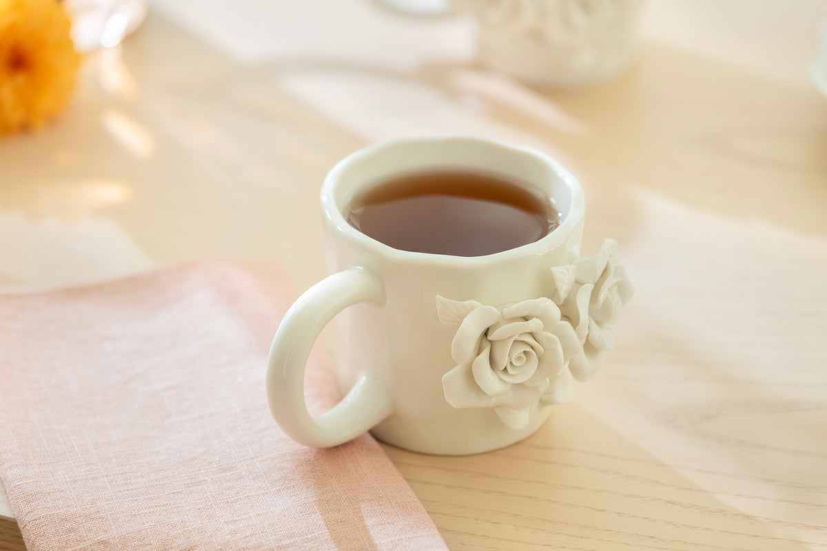 White Sculpted Rose Bouquet Fine Porcelain Mug Set of 2