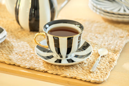 Black Carousel Stripes Fine Porcelain Cup and Saucer - 10oz