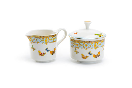 Butterflies with Blue Ornament Fine Porcelain Sugar & Creamer Set