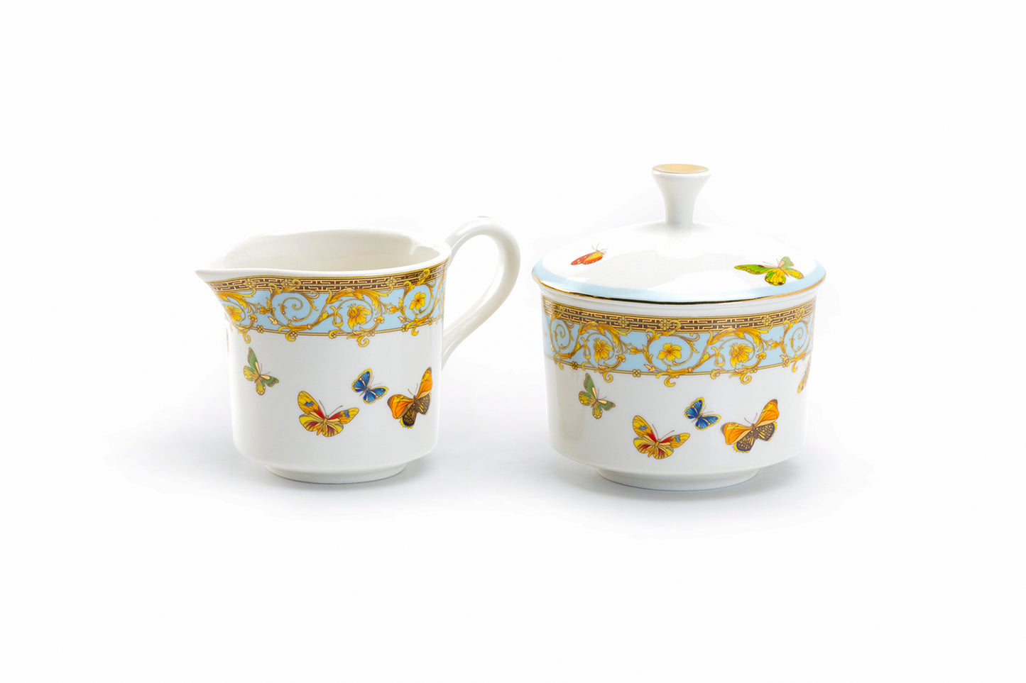 Butterflies with Blue Ornament Fine Porcelain Sugar & Creamer Set