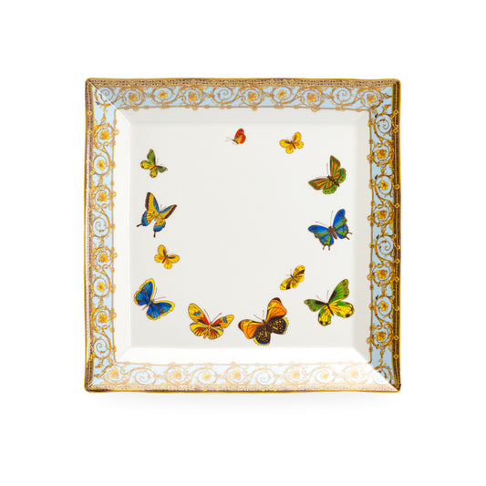 Butterflies with Blue Ornament Fine Porcelain Square Dessert Plate