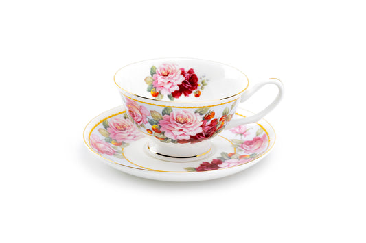Peony and Strawberry Blue Bone China Tea Cup and Saucer