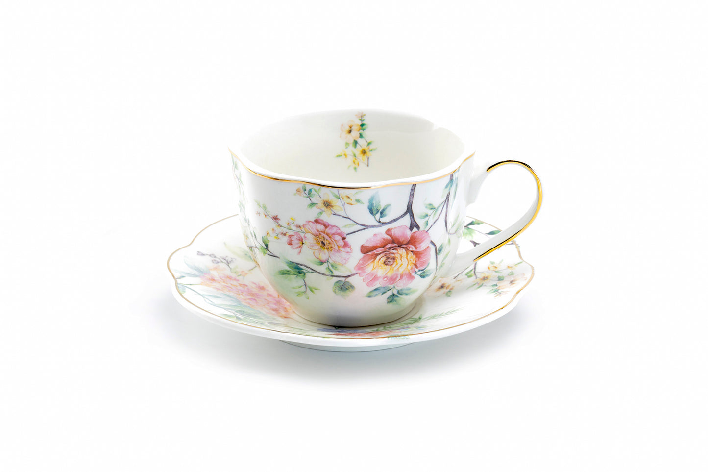 Pink Camellia Scallop Fine Porcelain Tea Cup and Saucer