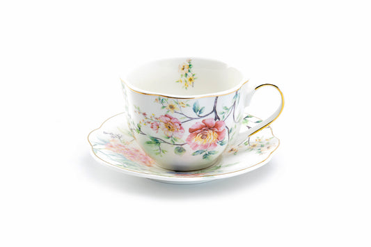 Pink Camellia Scallop Fine Porcelain Tea Cup and Saucer