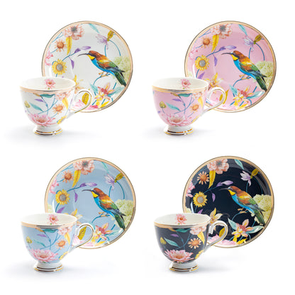 Spring Flowers with Hummingbird Fine Porcelain Assorted Color Tea Cup and Saucer Set of 4