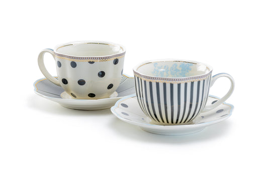Dark Gray Stripes and Dots with Blue Toile Fine Porcelain Cup and Saucer Set of 2
