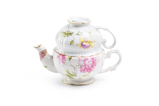 Pink Peony Bloom Fine Porcelain Tea For One Set