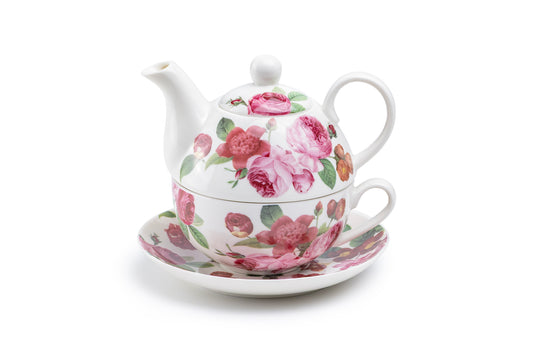 Pink Cabbage Roses Fine Porcelain Tea For One Set