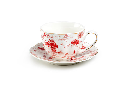 Red Village Fine Porcelain Tea Cup and Saucer