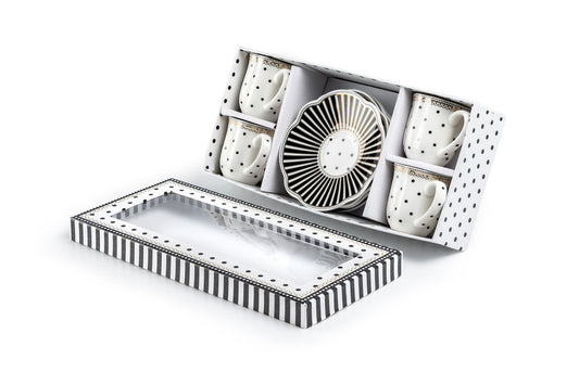 Gift Boxed Black Josephine Stripes and Dots 2oz Demitasse Cups and Saucers