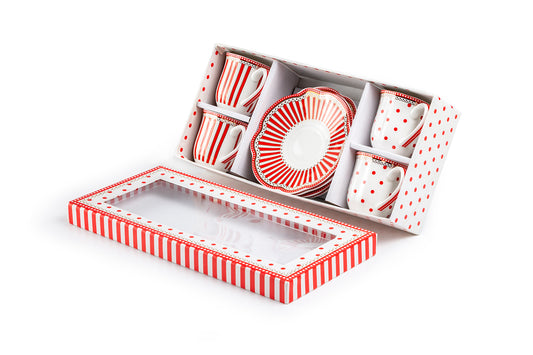 Gift Boxed Red Josephine Stripes and Dots 2oz Demitasse Cups and Saucers