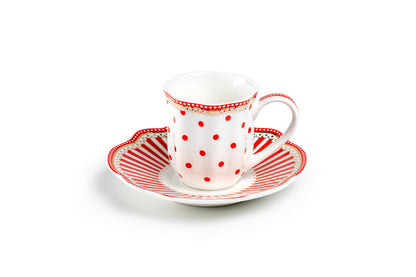 Gift Boxed Red Josephine Stripes and Dots 2oz Demitasse Cups and Saucers