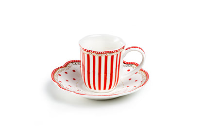 Gift Boxed Red Josephine Stripes and Dots 2oz Demitasse Cups and Saucers