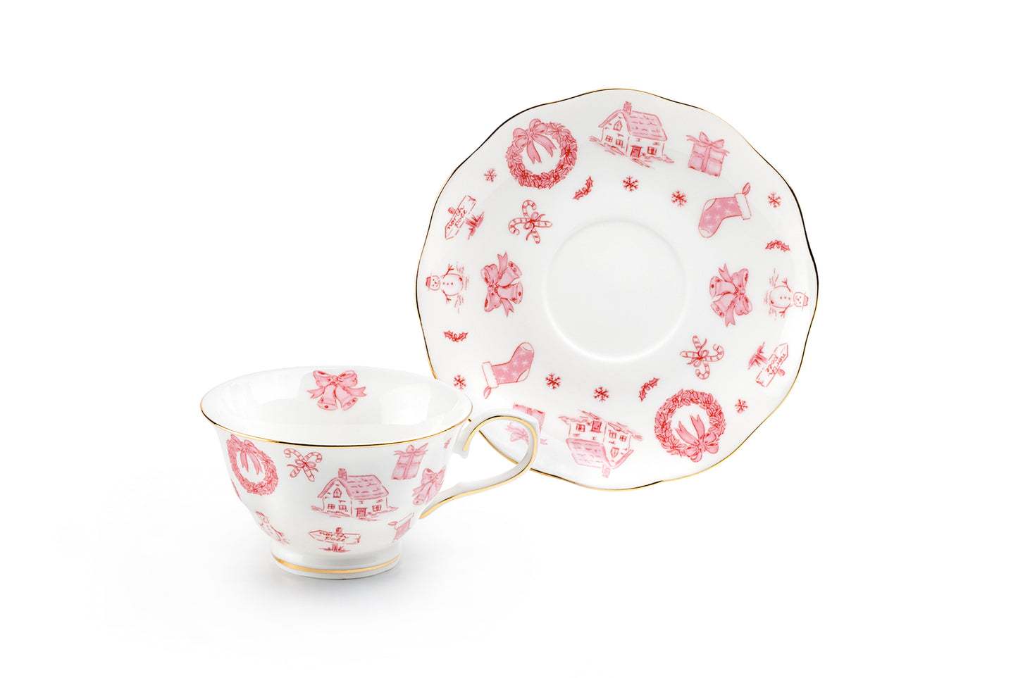 Christmas Pink Bow Fine Porcelain Tea Cup and Saucer