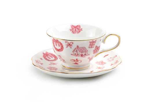 Christmas Pink Bow Fine Porcelain Tea Cup and Saucer