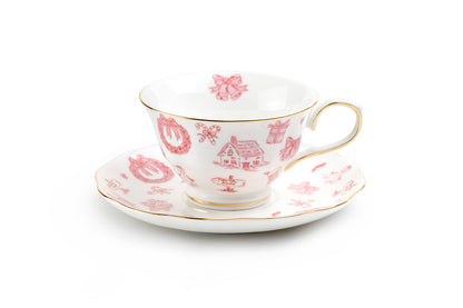 Christmas Pink Bow Fine Porcelain Tea Cup and Saucer