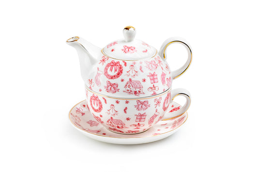 Christmas Pink Bow Fine Porcelain Tea For One Set