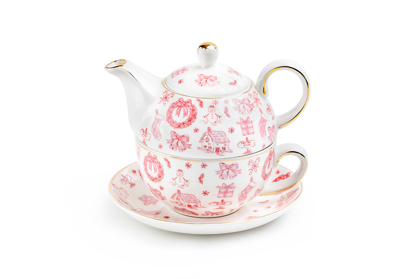 Christmas Pink Bow Fine Porcelain Tea For One Set