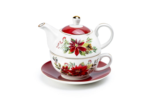 Poinsettia Pine Cone Fine Porcelain Tea For One Set