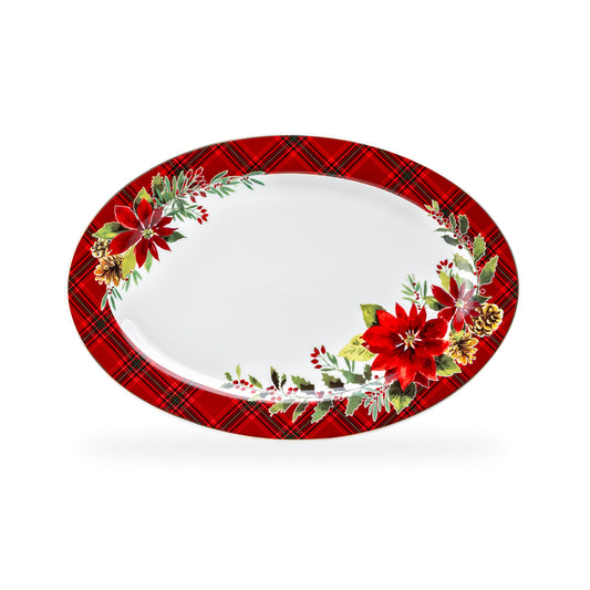 Poinsettia Pine Cone Fine Porcelain Oval Serving Platter