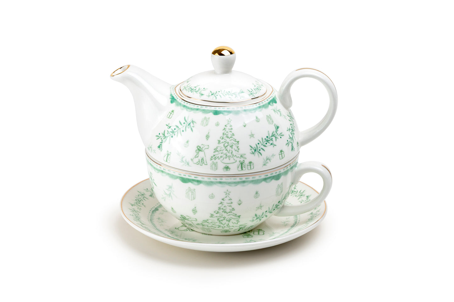 Festive Pup and Tree Fine Porcelain Tea For One Set