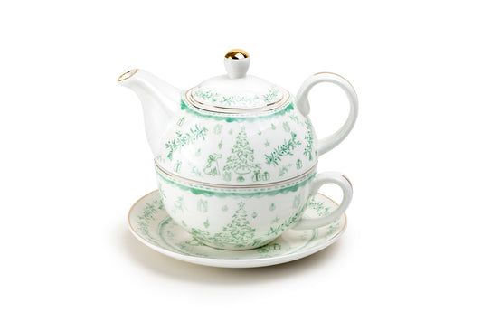 Festive Pup and Tree Fine Porcelain Tea For One Set