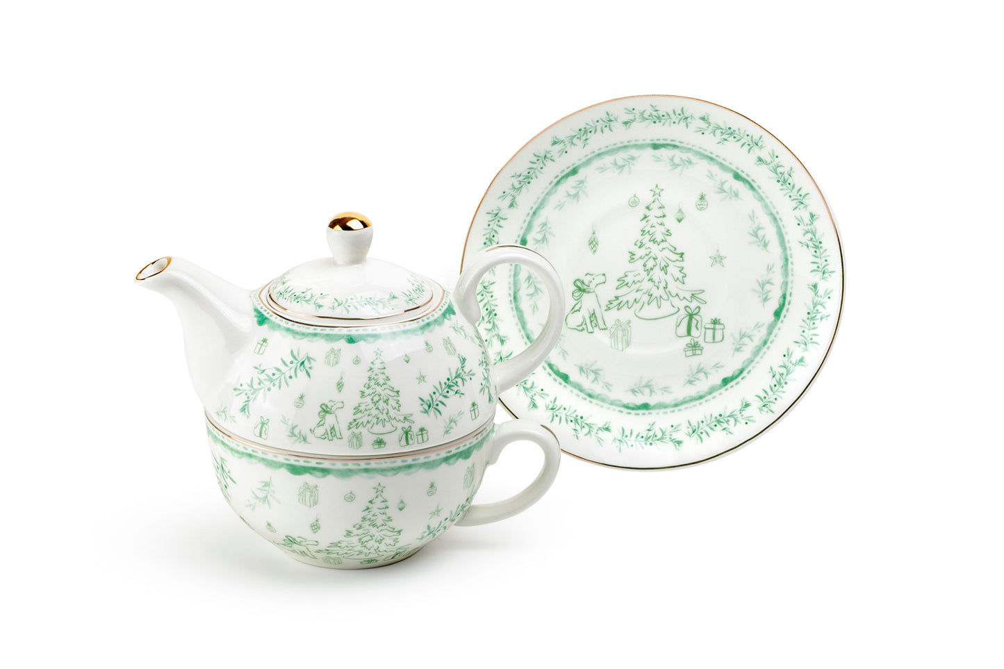 Festive Pup and Tree Fine Porcelain Tea For One Set