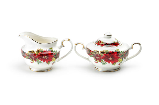 Poinsettia Pine Cone Fine Porcelain Sugar & Creamer Set