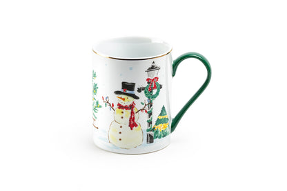 Jolly Snowman Fine Porcelain Mug with Green Handle